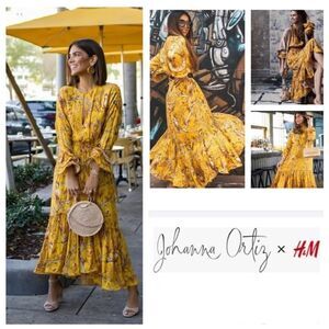 NWT Johanna Ortiz x H&M Yellow Floral Ruffle Crepe Dress Bloggers Favori…